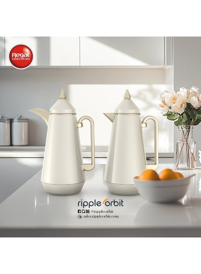 ريجال طقم ترامس ريجال من ريبل (2 × 1 لتر)، جسم ستانلس ستيل مزدوج الجدار مع بطانة زجاجية، عزل حراري للمشروبات الساخنة والباردة، مانع للتسرب، للقهوة العربية والشاي - Image 2